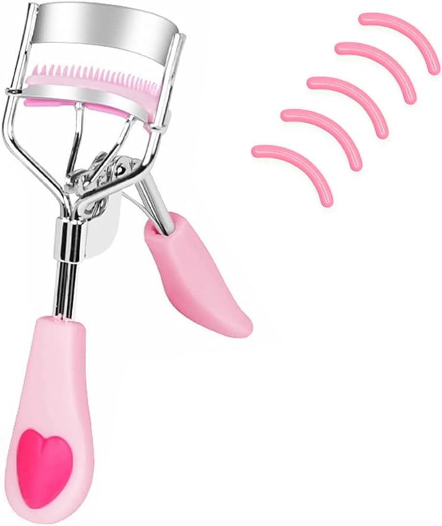 MERVK Stainless Steel Eyelash Curler with Built-in Comb Pinch Pain-Free Suitable for Any Eye Shapes and Sizes, with 5 Silicone Refill Pads (Light Pink)