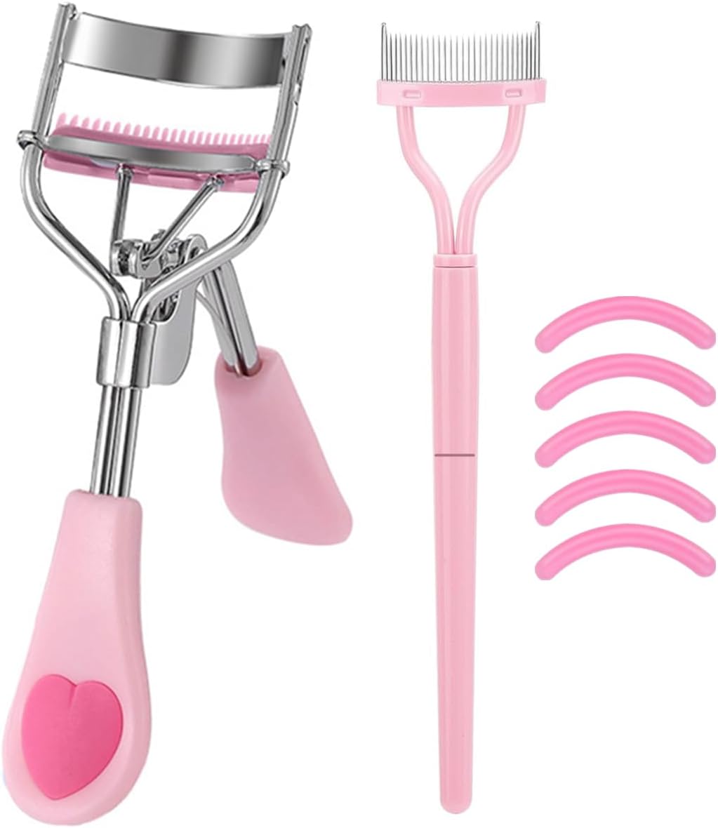 MERVK Stainless Steel Eyelash Curler with Built-in Comb Pinch Pain-Free Suitable for Any Eye Shapes and Sizes, with 5 Silicone Refill Pads (Light Pink)