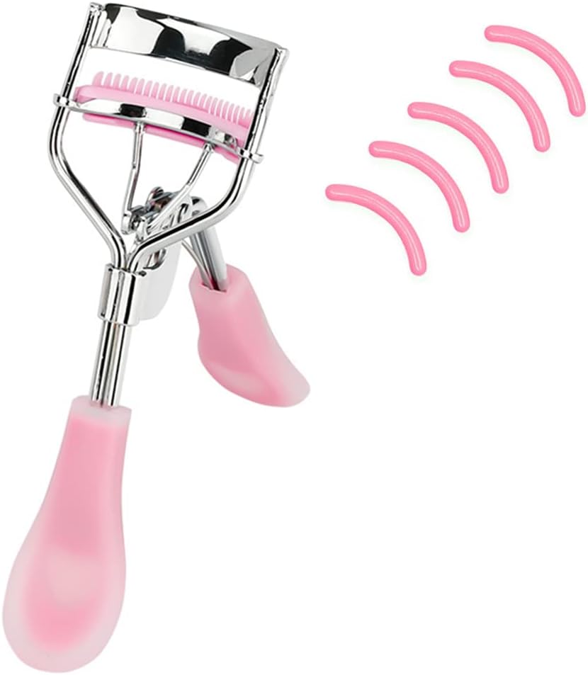 MERVK Stainless Steel Eyelash Curler with Built-in Comb Pinch Pain-Free Suitable for Any Eye Shapes and Sizes, with 5 Silicone Refill Pads (Light Pink)