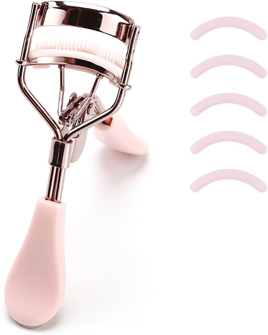MERVK Stainless Steel Eyelash Curler with Built-in Comb Pinch Pain-Free Suitable for Any Eye Shapes and Sizes, with 5 Silicone Refill Pads (Light Pink)