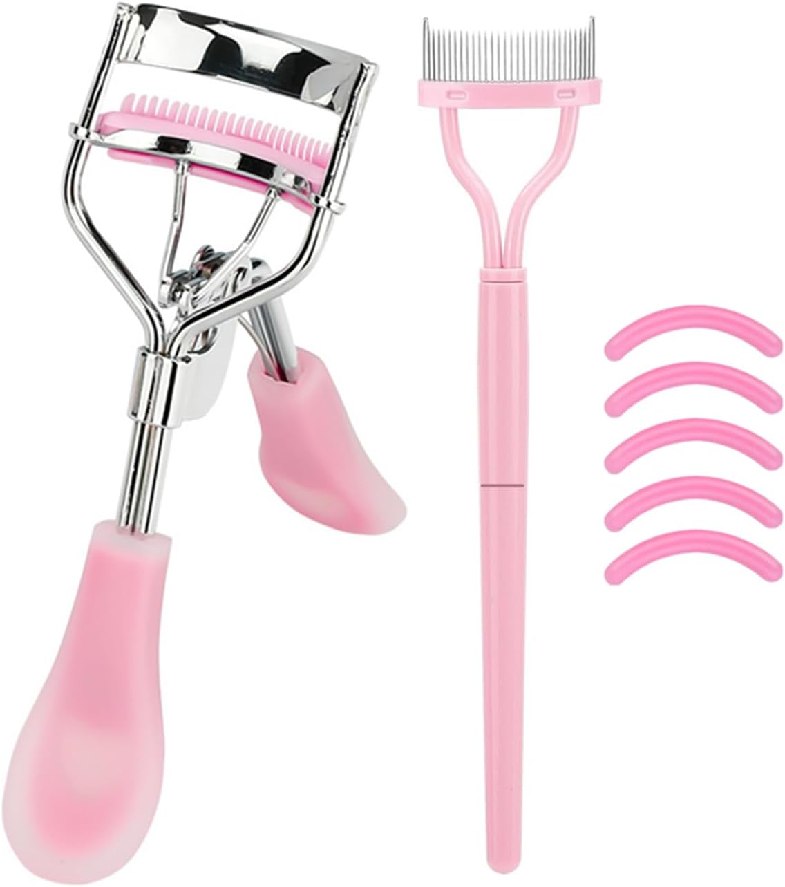MERVK Stainless Steel Eyelash Curler with Built-in Comb Pinch Pain-Free Suitable for Any Eye Shapes and Sizes, with 5 Silicone Refill Pads (Light Pink)