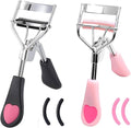 MERVK Stainless Steel Eyelash Curler with Built-in Comb Pinch Pain-Free Suitable for Any Eye Shapes and Sizes, with 5 Silicone Refill Pads (Light Pink)