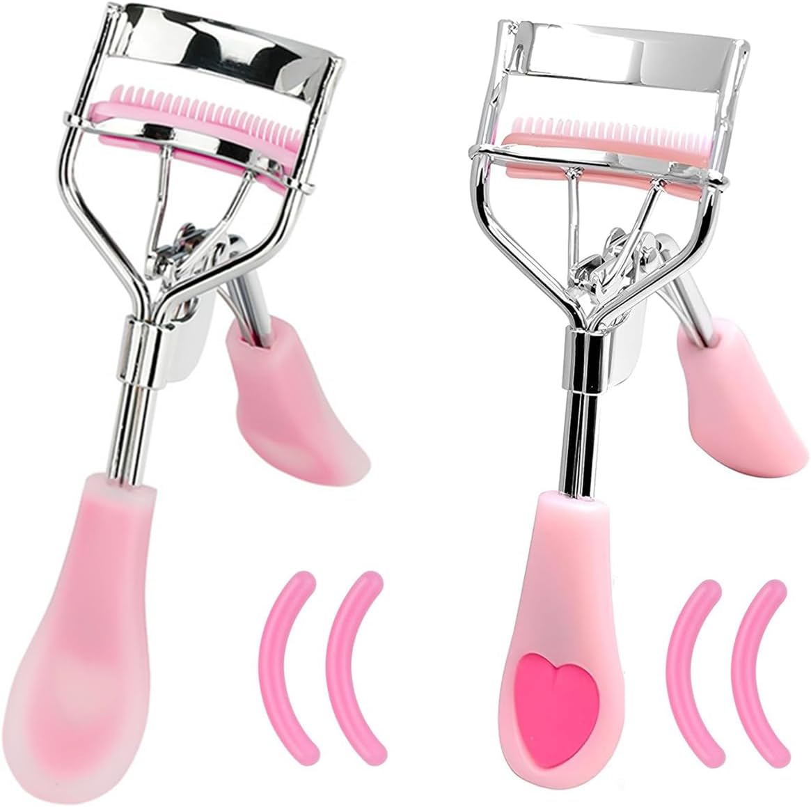 MERVK Stainless Steel Eyelash Curler with Built-in Comb Pinch Pain-Free Suitable for Any Eye Shapes and Sizes, with 5 Silicone Refill Pads (Light Pink)
