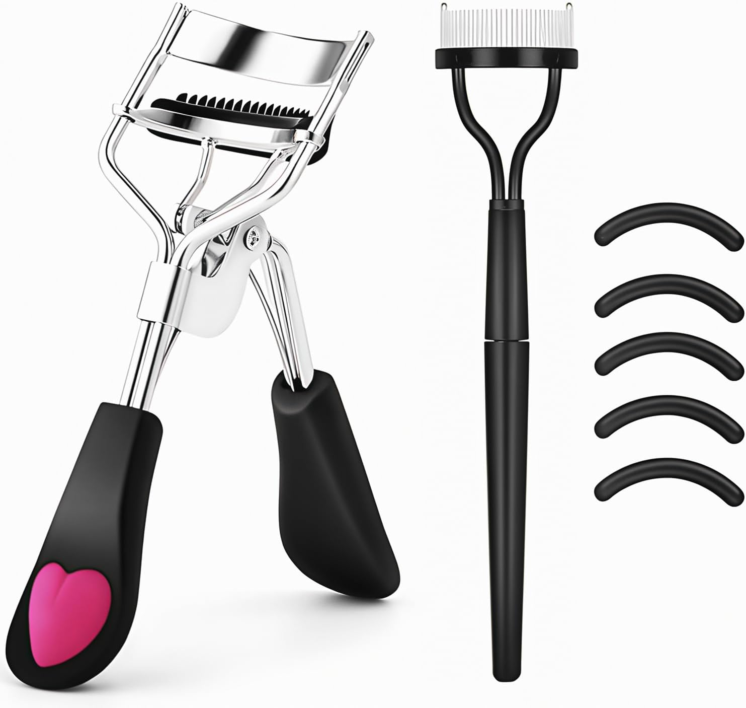 MERVK Stainless Steel Eyelash Curler with Built-in Comb Pinch Pain-Free Suitable for Any Eye Shapes and Sizes, with 5 Silicone Refill Pads (Light Pink)