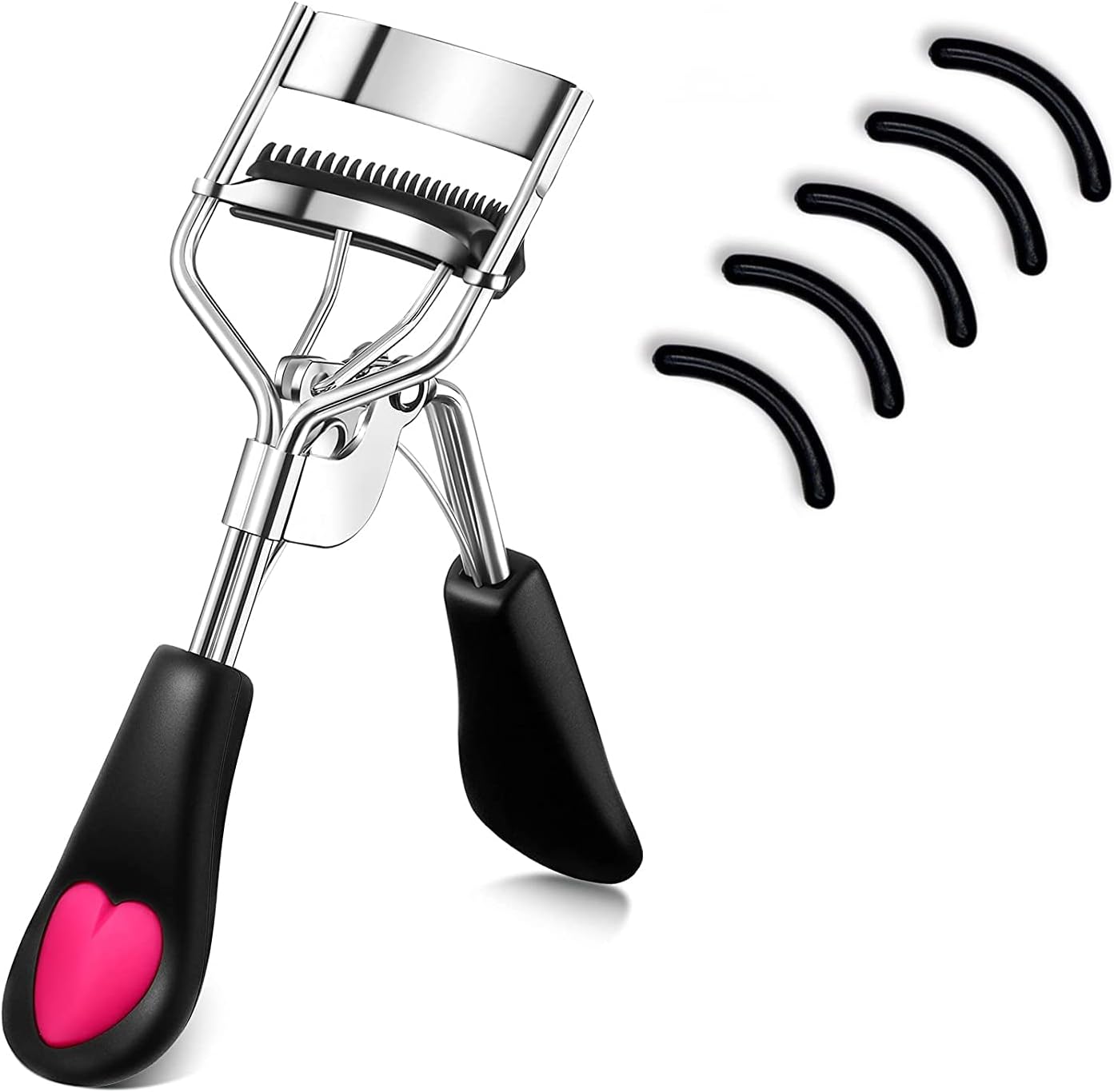 MERVK Stainless Steel Eyelash Curler with Built-in Comb Pinch Pain-Free Suitable for Any Eye Shapes and Sizes, with 5 Silicone Refill Pads (Light Pink)