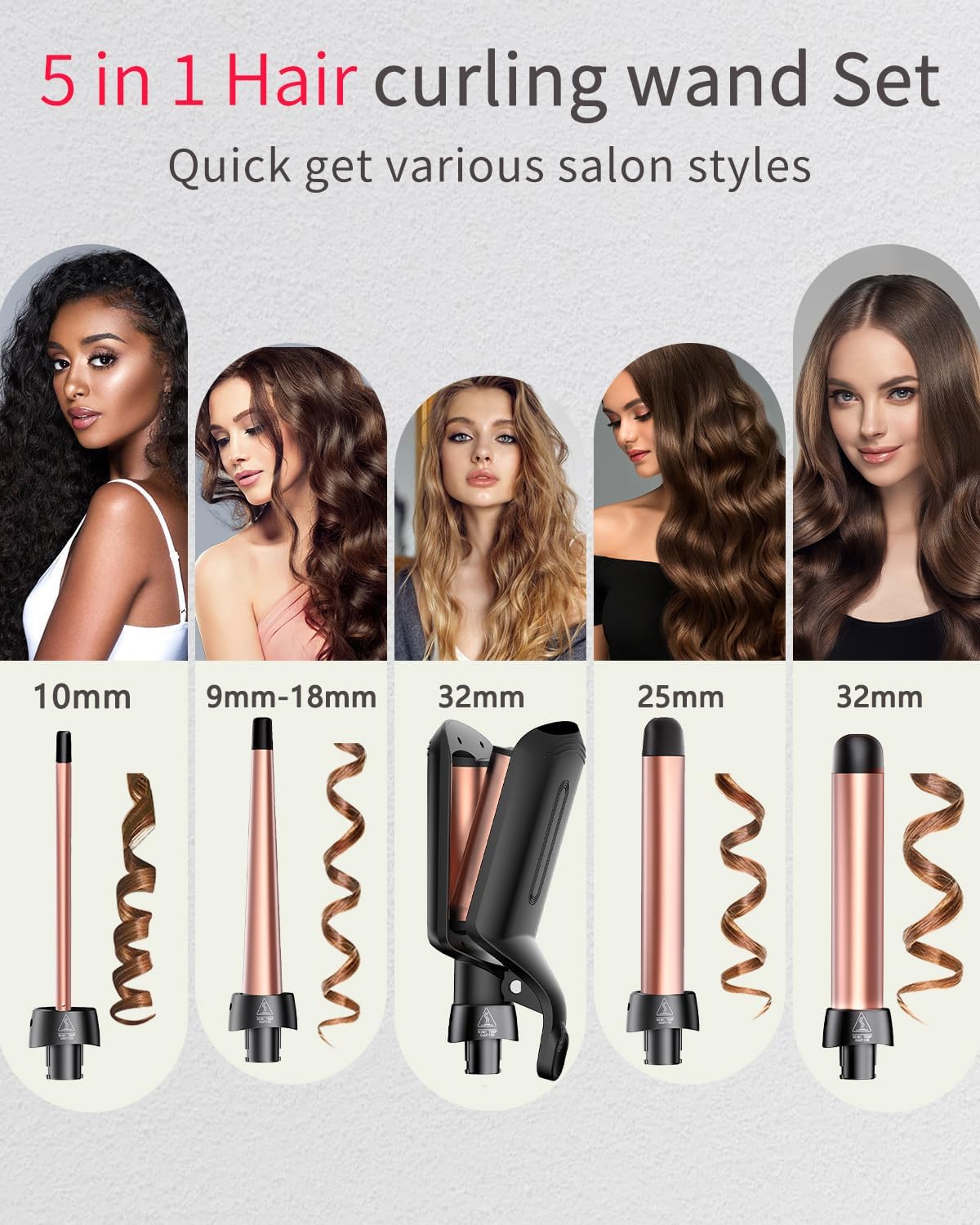 5 in 1 Curling Iron, Curling Wand Set Versatile Hair Curler Wand Kit for Waves Curls Blowout for All Hair Types 4 Interchangeable Ceramic Barrels(0.35"-1.25'') Fast Heating for Travel and Home Use