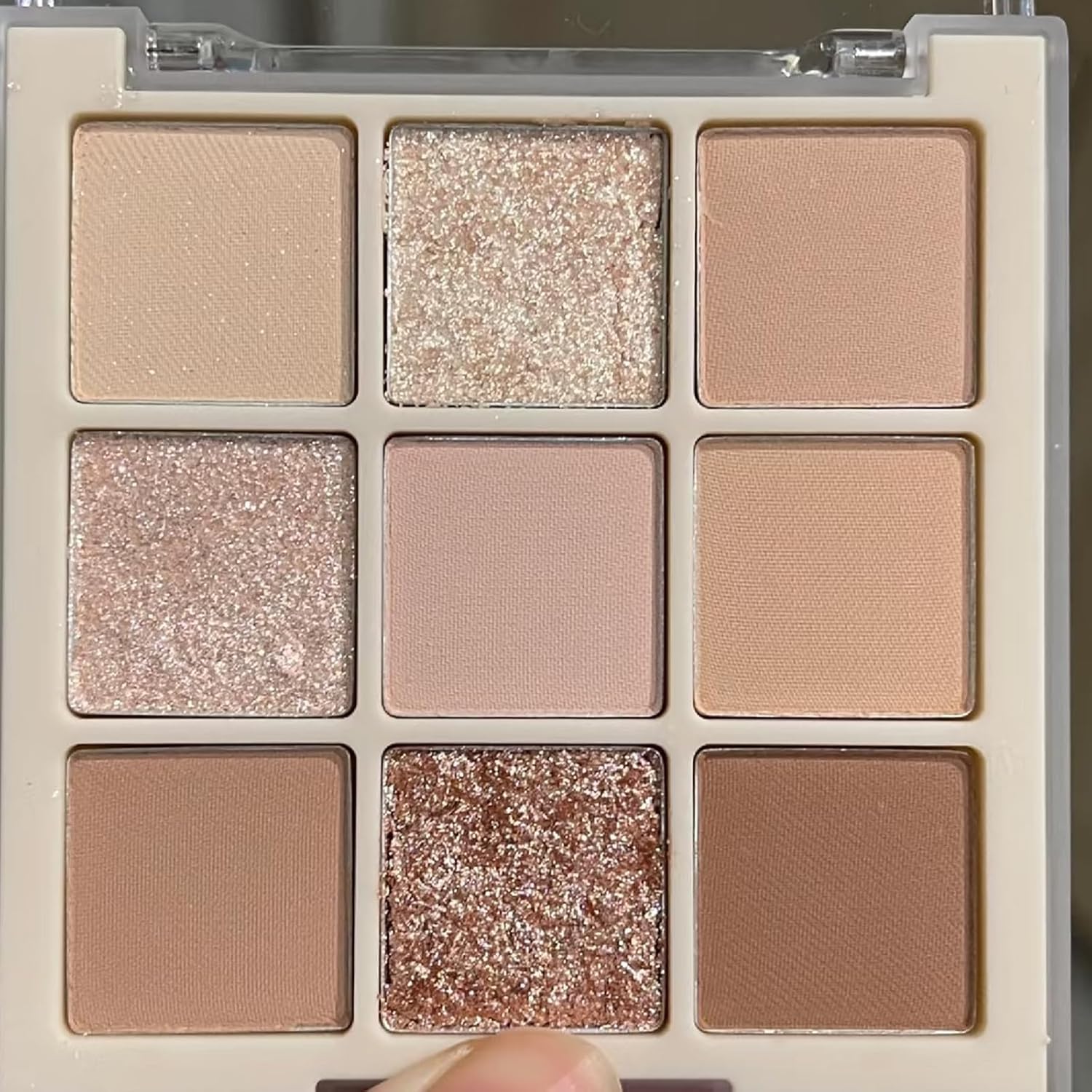 9 Colors Milk Tea Glitter Eyeshadow Palette, Matte Nude Neutral Brown Blendable Shades, Bronzer Champange Gorgeous Pearls Powder Eyeshadow, Sparkling Shimmer Daily Bright Diamond Makeup #01